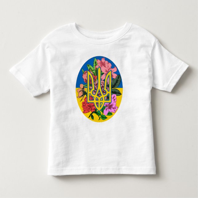 Camiseta Infantil Tridente ucraniano e bandeira da Ucrânia com flore (Frente)