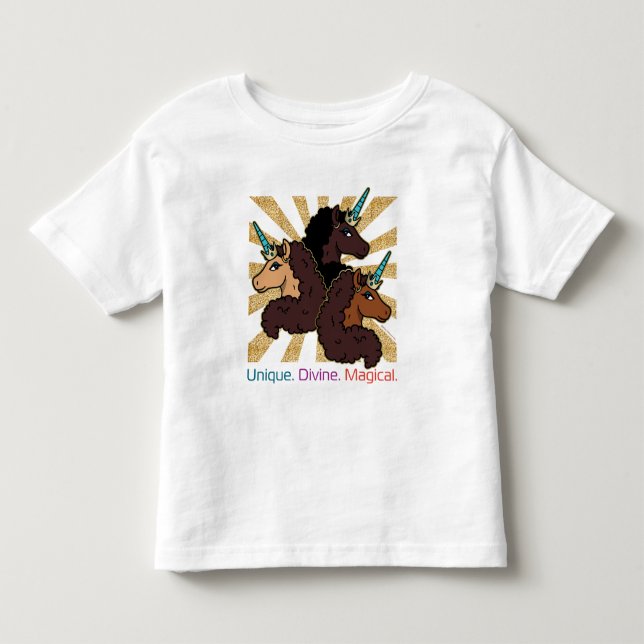 Camiseta Infantil Trío de Unicórnio Afro: Único, Divino e Mágico (Frente)