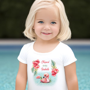 Camiseta Infantil Tropical Baby Summer Pink Flamingo Girl Name