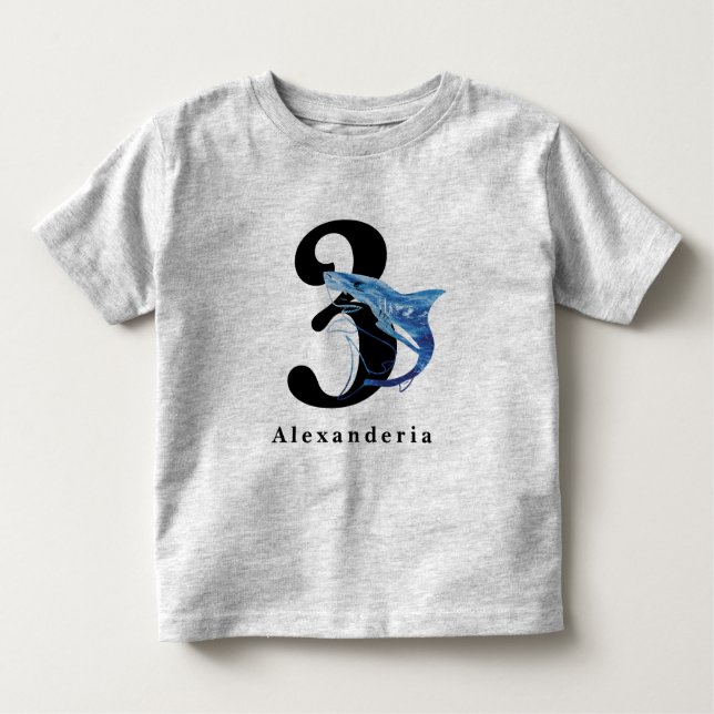 Camiseta Infantil Tubarão azul 3º aniversário nome idade criança (Frente)