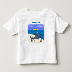 Camiseta Infantil Tubarão-cama engraçado e desenho animado