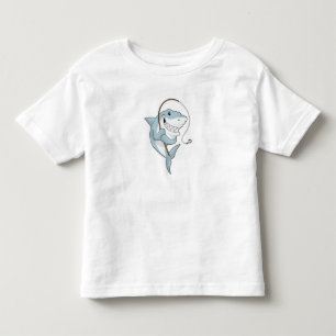 Camiseta Infantil Tubarão como pescador com barra de pesca