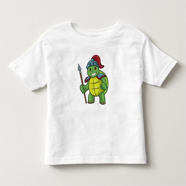 Camiseta Infantil Turtle como guerreiro com Spear e Helmet (Frente)