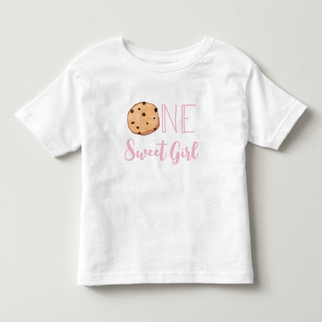 Camiseta Infantil Um Doce Menino Bolo de Aniversário de Cookie Rosa (Frente)