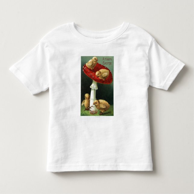Camiseta Infantil Um EasterChicks feliz no cogumelo vermelho (Frente)
