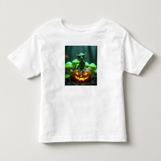 Camiseta Infantil Uma abóbora verde e alienígena de halloween (Frente)
