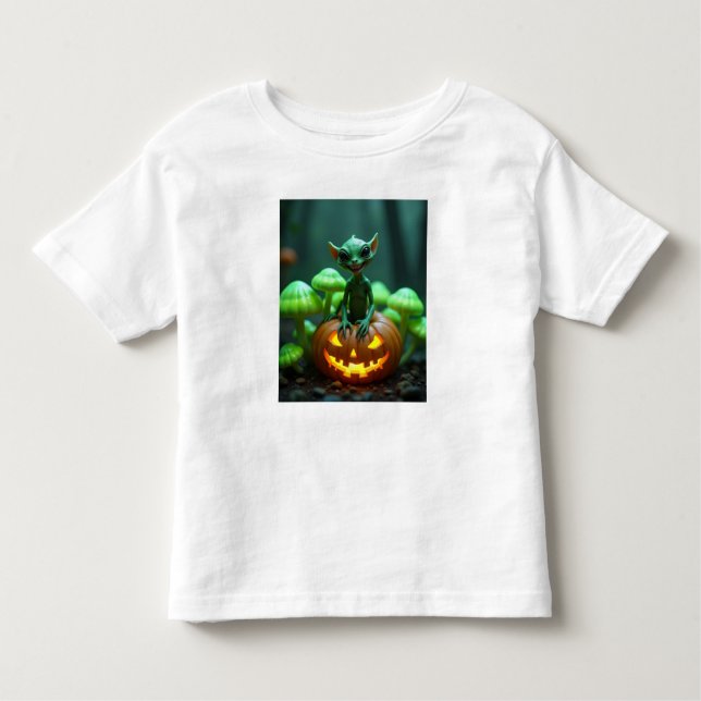 Camiseta Infantil Uma abóbora verde e uma alienígena de halloween (Frente)