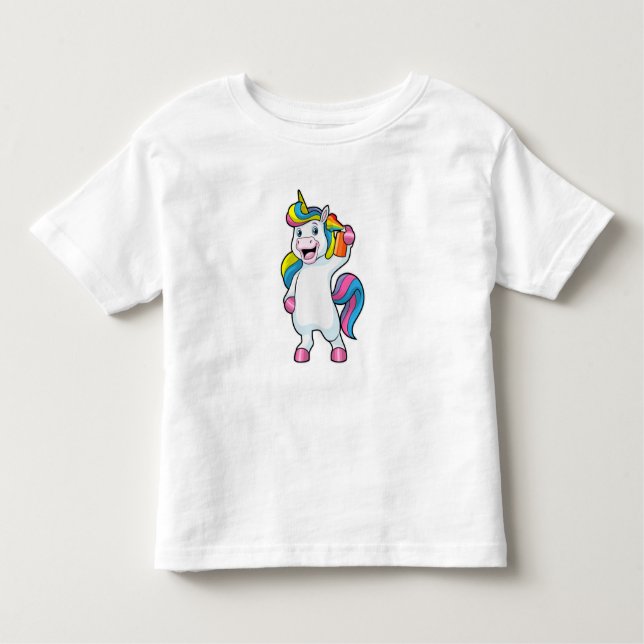 Camiseta Infantil Unicórnio como cabeleireiro com spray de cabelo (Frente)