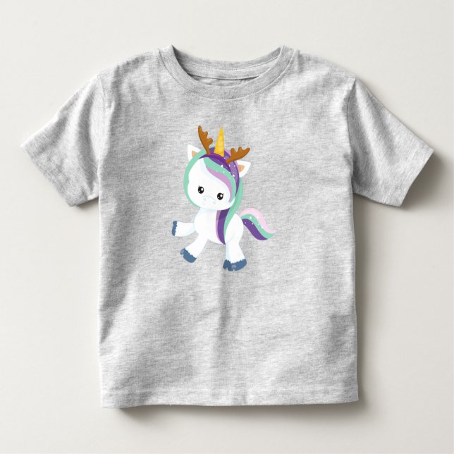 Camiseta Infantil Unicórnio de Natal, Unicórnio Bonito, Antlers, Xma (Frente)