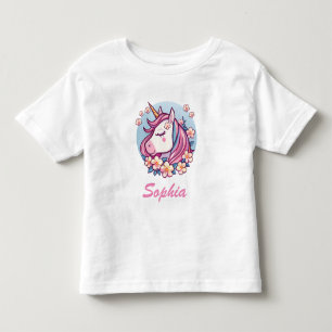 Camiseta Infantil Unicórnio e Flores Bonitos, Personalizar Nome