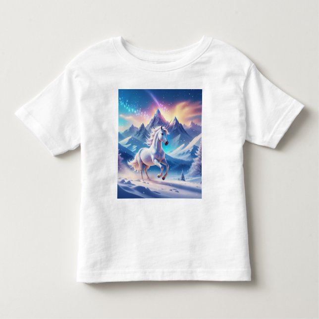 Camiseta Infantil Unicórnio em Maiestosa Montanhas Snowy (Frente)