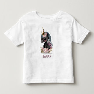 Camiseta Infantil Unicórnio Negro Bonito com Unicórnio de Aquarela F