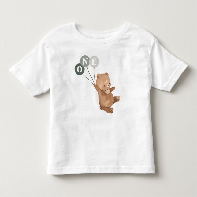 Camiseta Infantil Urso com primeiro aniversario de 3 Balões Verdes (Frente)