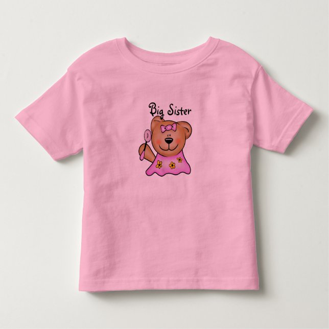 Camiseta Infantil Urso de Teddy, Grande Irmã Bonita, de Rosa (Frente)