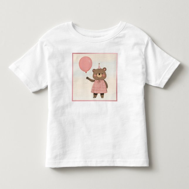 Camiseta Infantil Urso de vestimenta rosa com Xadrez e Arco (Frente)