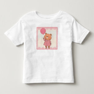 Camiseta Infantil Urso de Vestimento da Margem Rosa com Balão Rosa