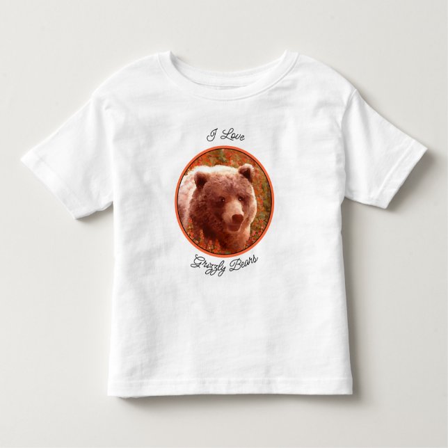 Camiseta Infantil Urso Grizzly na Pintura de Arte Selvagem com Algas (Frente)