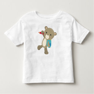 Camiseta Infantil Urso Indo Para A Escola, Urso Bonito, Mochila, Láp