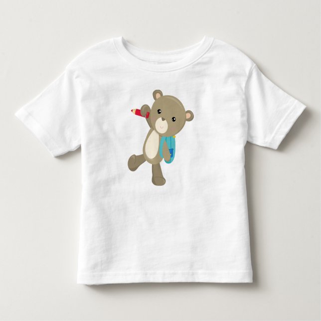 Camiseta Infantil Urso Indo Para A Escola, Urso Bonito, Mochila, Láp (Frente)