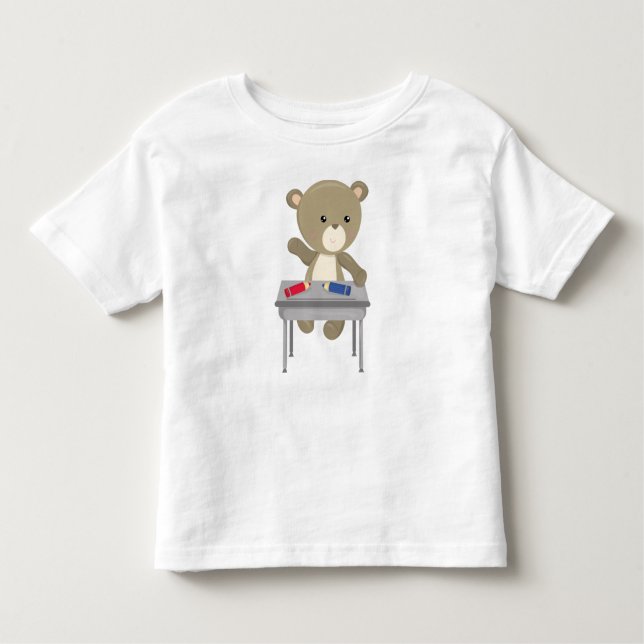 Camiseta Infantil Urso Indo Para A Escola, Urso Marrom, Urso Bonito, (Frente)