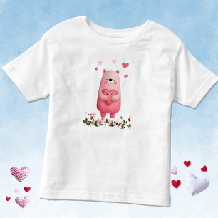 Camiseta Infantil Urso Kawaii Rosa com Corações