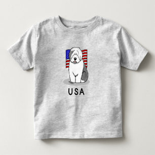 Camiseta Infantil US American Flag Old English Sheepdog (Cinza 1)