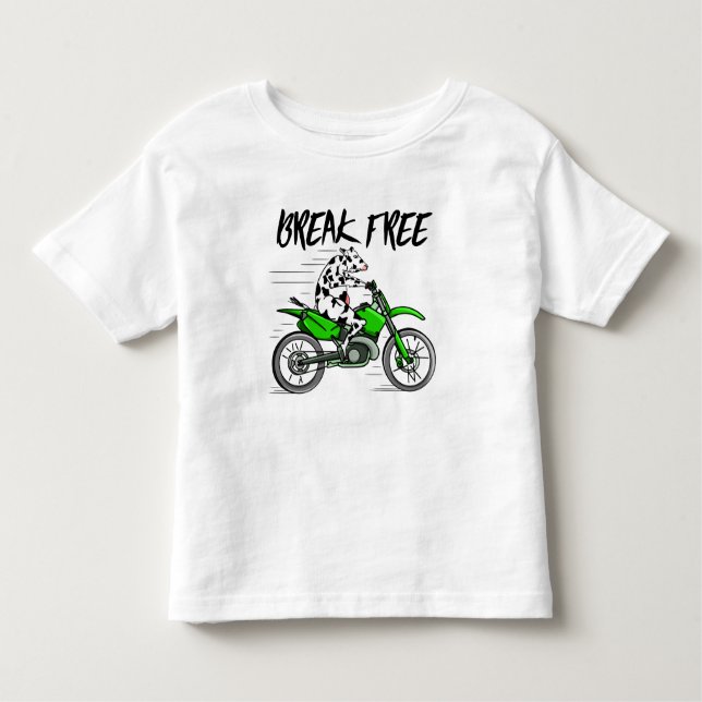 Camiseta Infantil Vaca montando uma motocicleta verde (Frente)