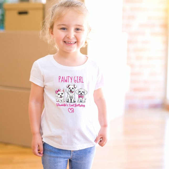 Camiseta Infantil Vamos fazer anos de pãozinhos brancos e fofinhos (Lets pawty cute white puppies pink bows dog themed  birthday party t-shirt pawty girl photo props)