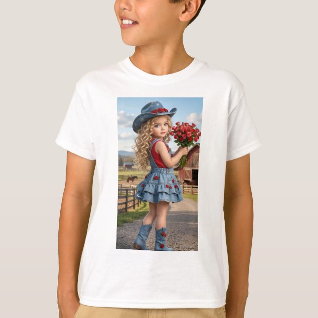 Camiseta Infantil Vaquerita Fofa com Rosas Vermelh (Frente)