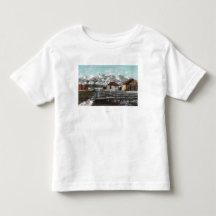 Camiseta Infantil Vista da cidade e da montanha após uma neve do