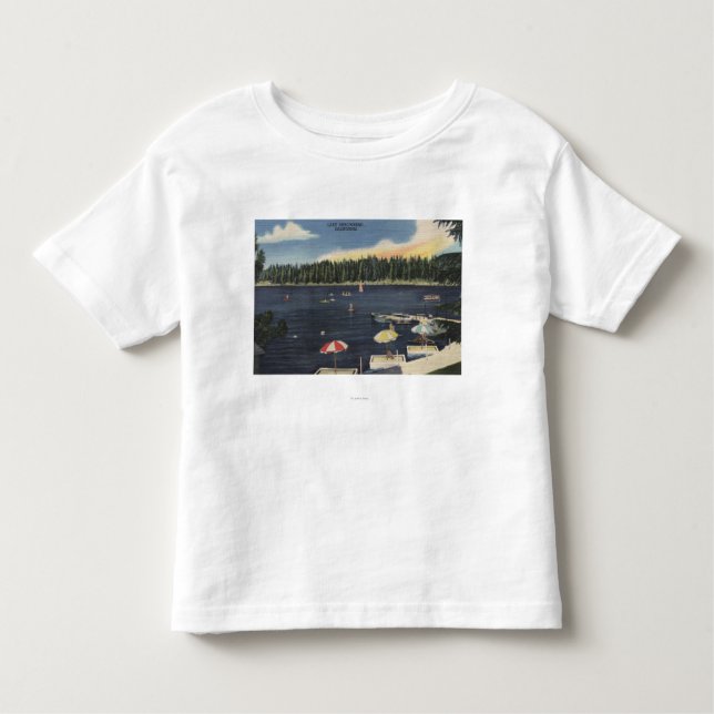 Camiseta Infantil Vista do lago, costa Árvore-Alinhada (Frente)