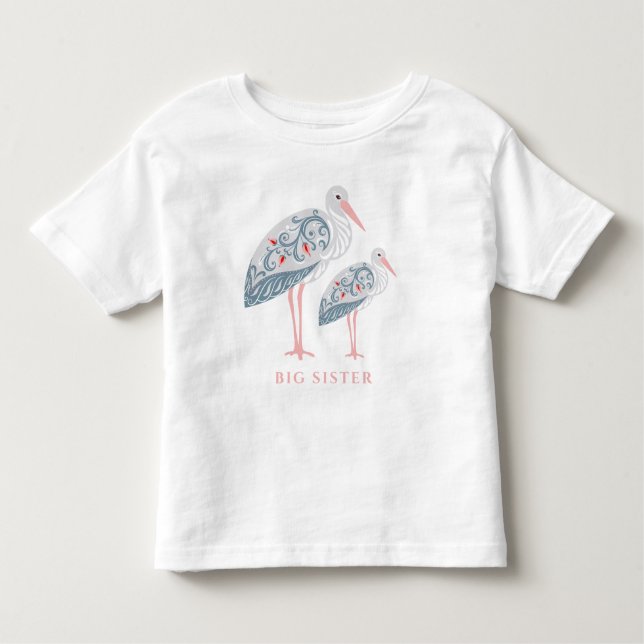 Camiseta Infantil Whimsical Folk Art Stork | Irmã Maior (Frente)