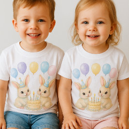 Camiseta Infantil Whimsical Pastel Bunny Twins Birthday T-Shirt