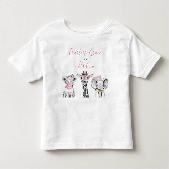 Camiseta Infantil Wild One Animal Safari Black White Pink Aniversári (Frente)