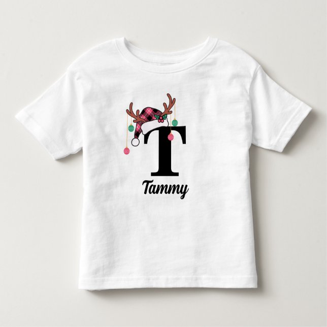 Camiseta Infantil Xadrez de Natal da Família Monograma Personalizada (Frente)