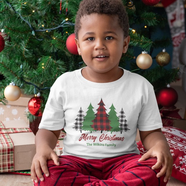 Camiseta Infantil Xadrez Vermelha Bonita Árvores de Natal Feliz Pers (Criador carregado)