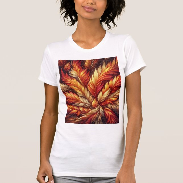 Camiseta Inferno Bloom — Mandala de Penas de Fogo Radiante (Frente)