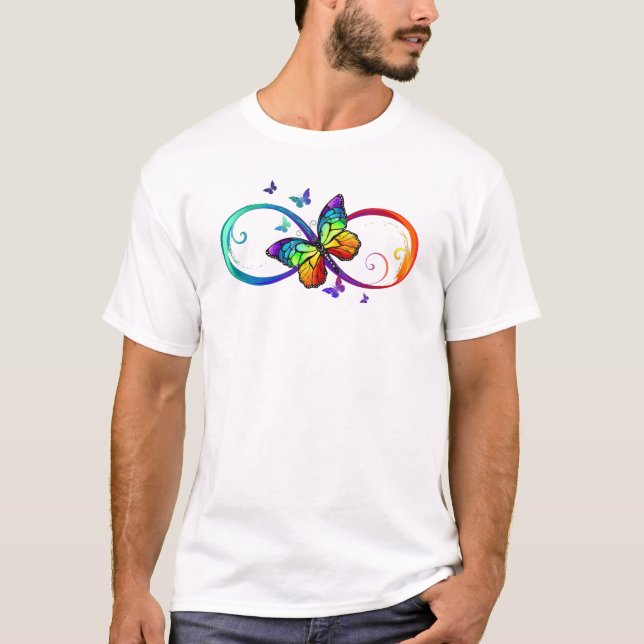 Camiseta Infinidade vibrante com borboleta arco-íris a pret (Frente)