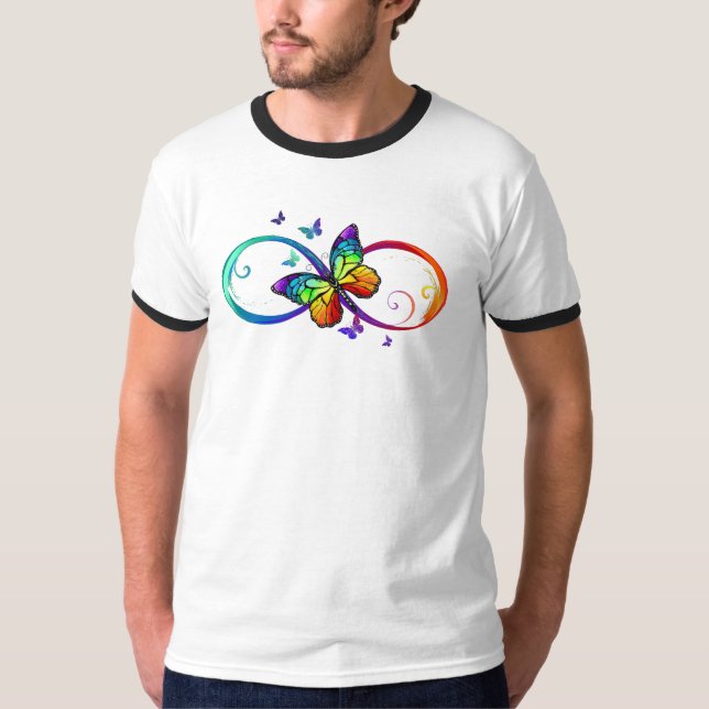 Camiseta Infinidade vibrante com borboleta arco-íris a pret (Frente)