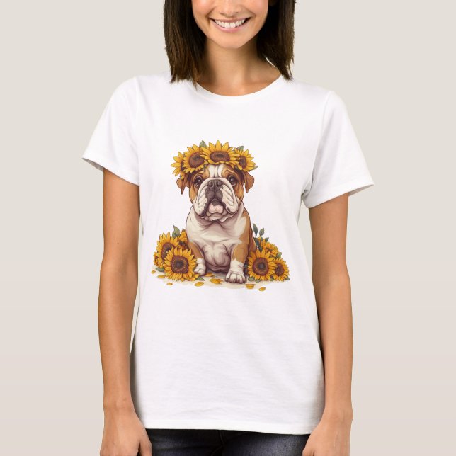 Camiseta Inglês Bulddog Sunflower Crown (Frente)