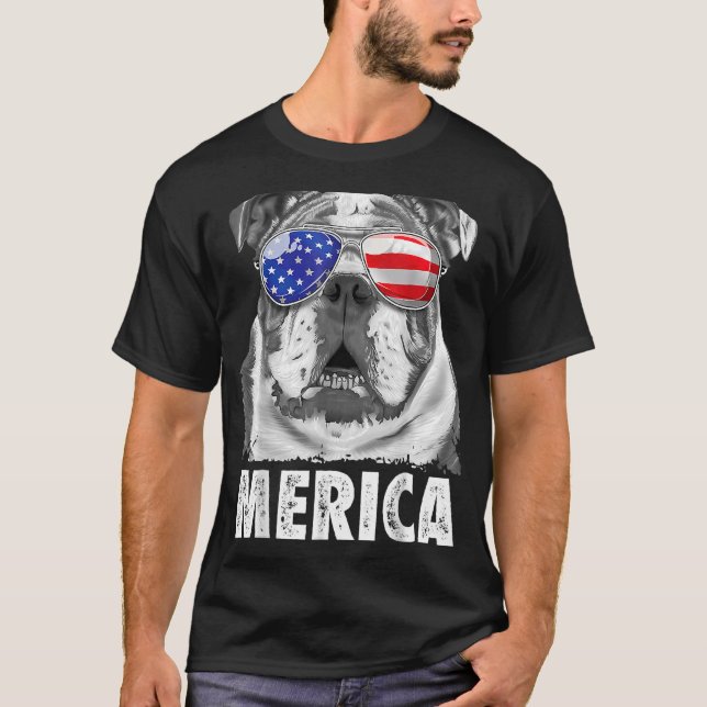 Camiseta Inglês Buldogue 4 de julho Merica Men Usa Flag (Frente)