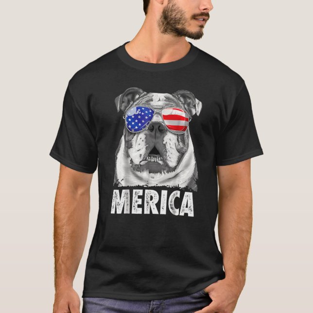 Camiseta Inglês Buldogue 4 de julho Merica Men Usa Flag (Frente)