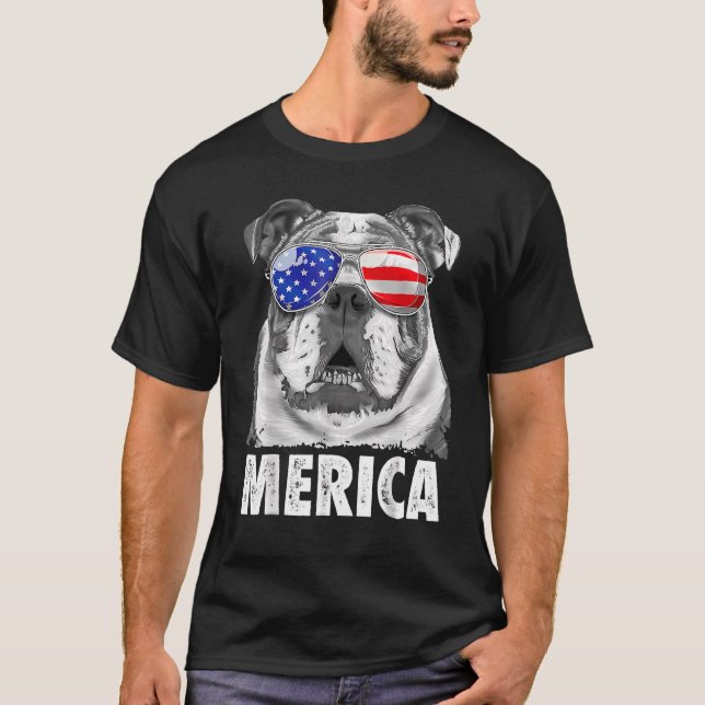 Camiseta Inglês Buldogue 4 de julho Merica Men Usa Flag (Frente)
