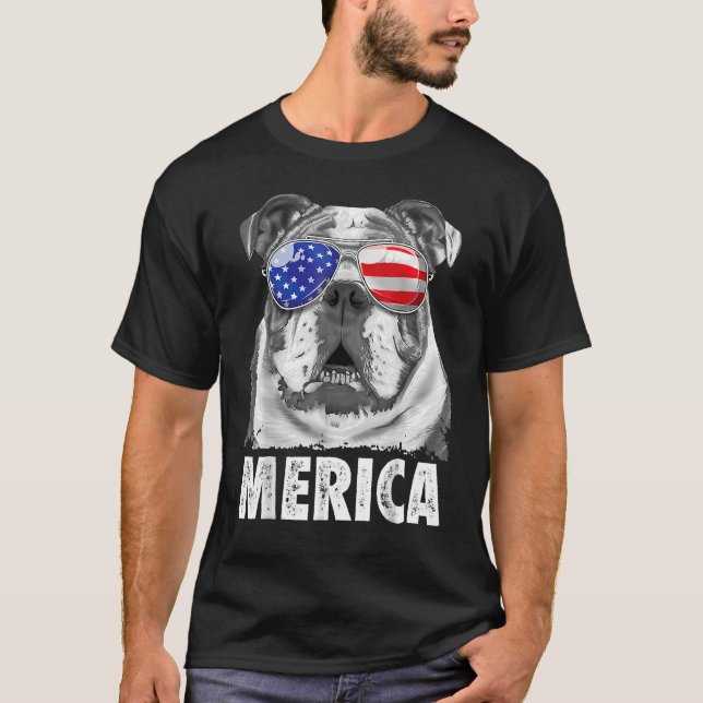 Camiseta Inglês Buldogue 4 de julho Merica Men Usa Flag (Frente)