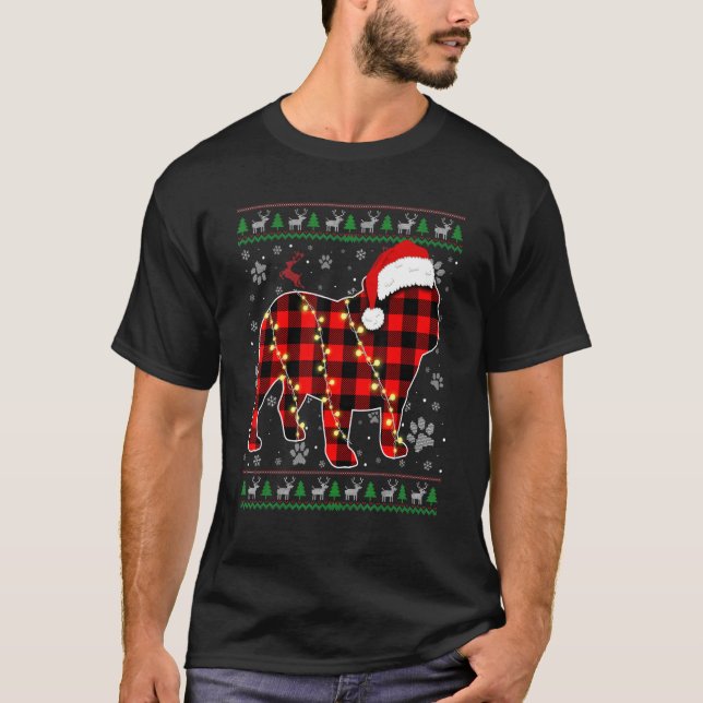 Camiseta Inglês Buldogue Cachorro Xmas Santa Hat Fez Natal (Frente)