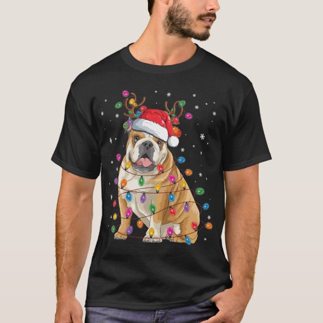 Camiseta Inglês Buldogue Christmas Reindeer Santa Hat Engra (Frente)