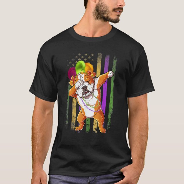 Camiseta Inglês Buldogue Dabbing American Flag Mardi Gras M (Frente)