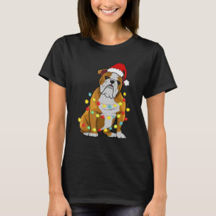 Camiseta Inglês Buldogue Feliz Natal Com Santa Hat Lig