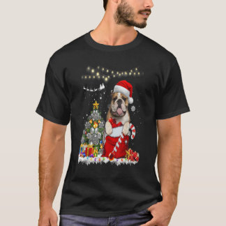 Camiseta Inglês Buldogue Hats Papais noeis Luzes de Natal O