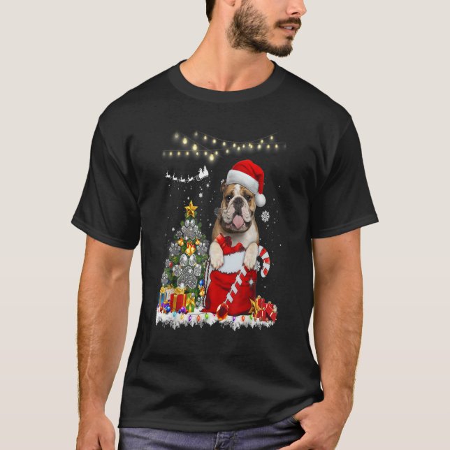 Camiseta Inglês Buldogue Hats Papais noeis Luzes de Natal O (Frente)